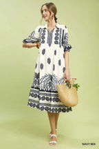 Border Print Midi Dress with Puff Sleeves