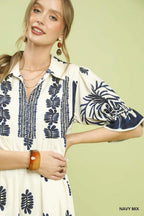 Border Print Midi Dress with Puff Sleeves