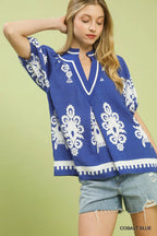 Boho Print Split-Neck Short Sleeve Top