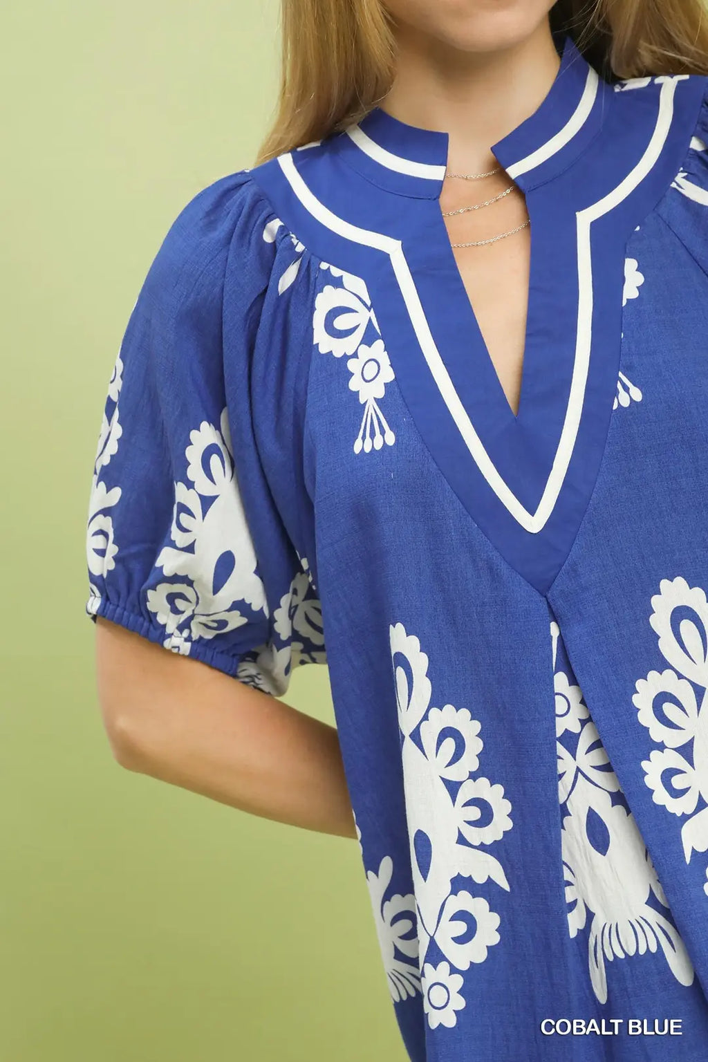 Boho Print Split-Neck Short Sleeve Top