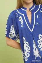 Boho Print Split-Neck Short Sleeve Top
