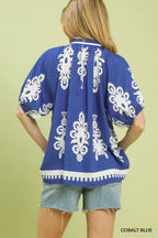 Boho Print Split-Neck Short Sleeve Top