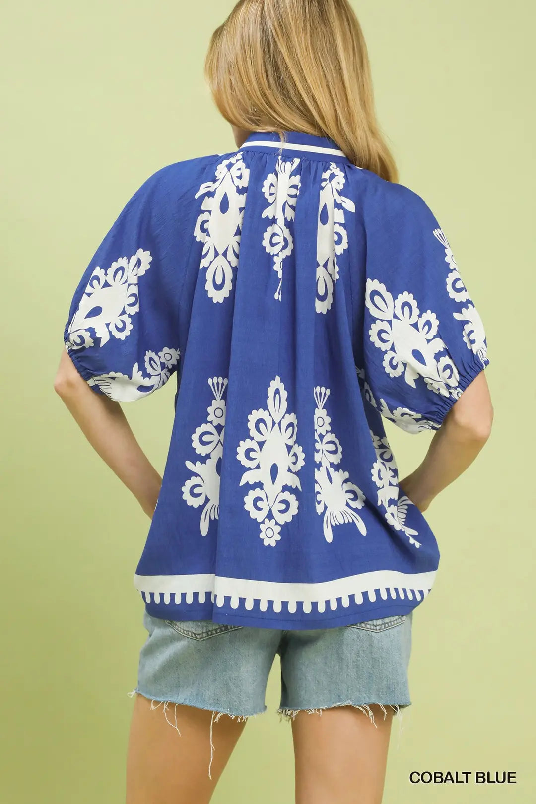 Boho Print Split-Neck Short Sleeve Top
