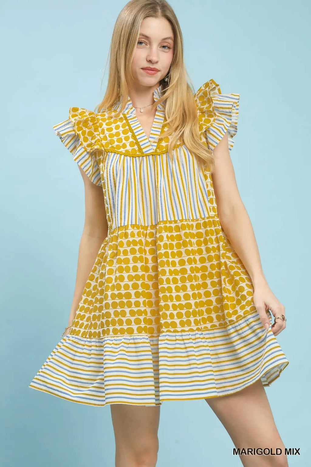 Patchwork Flutter Sleeve Tiered Dress