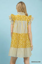 Patchwork Flutter Sleeve Tiered Dress