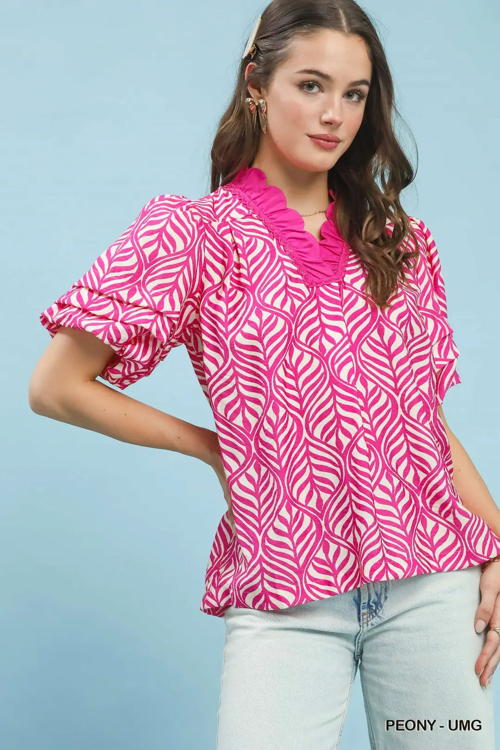 Puff Sleeve Ruffle Neck Top