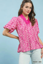 Puff Sleeve Ruffle Neck Top