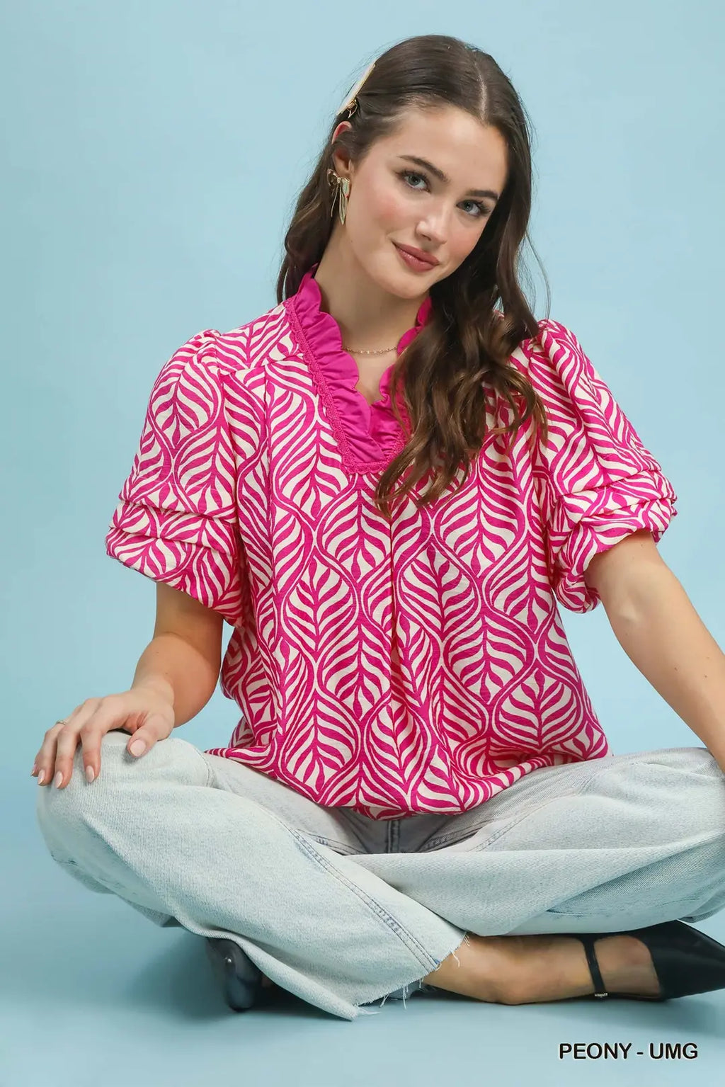 Puff Sleeve Ruffle Neck Top