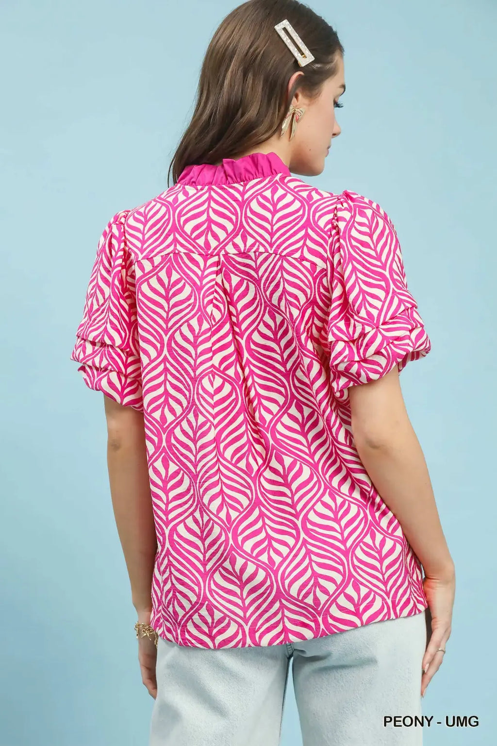 Puff Sleeve Ruffle Neck Top