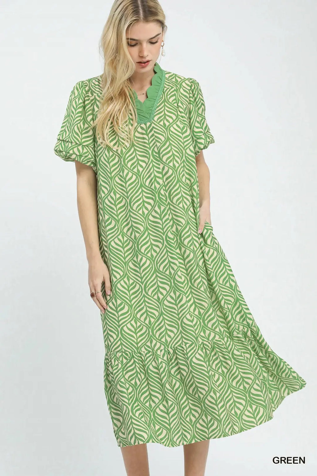 Leaf Print Ruffle Neck Maxi Dress