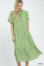 Leaf Print Ruffle Neck Maxi Dress