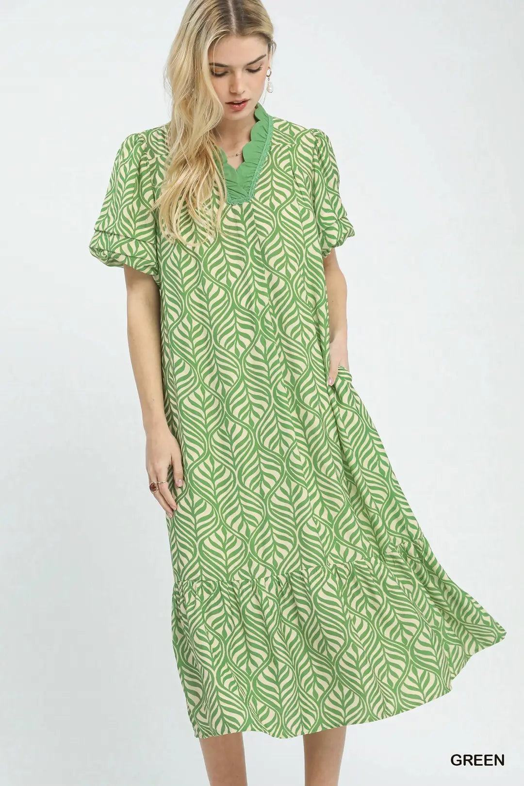Leaf Print Ruffle Neck Maxi Dress