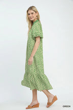 Leaf Print Ruffle Neck Maxi Dress