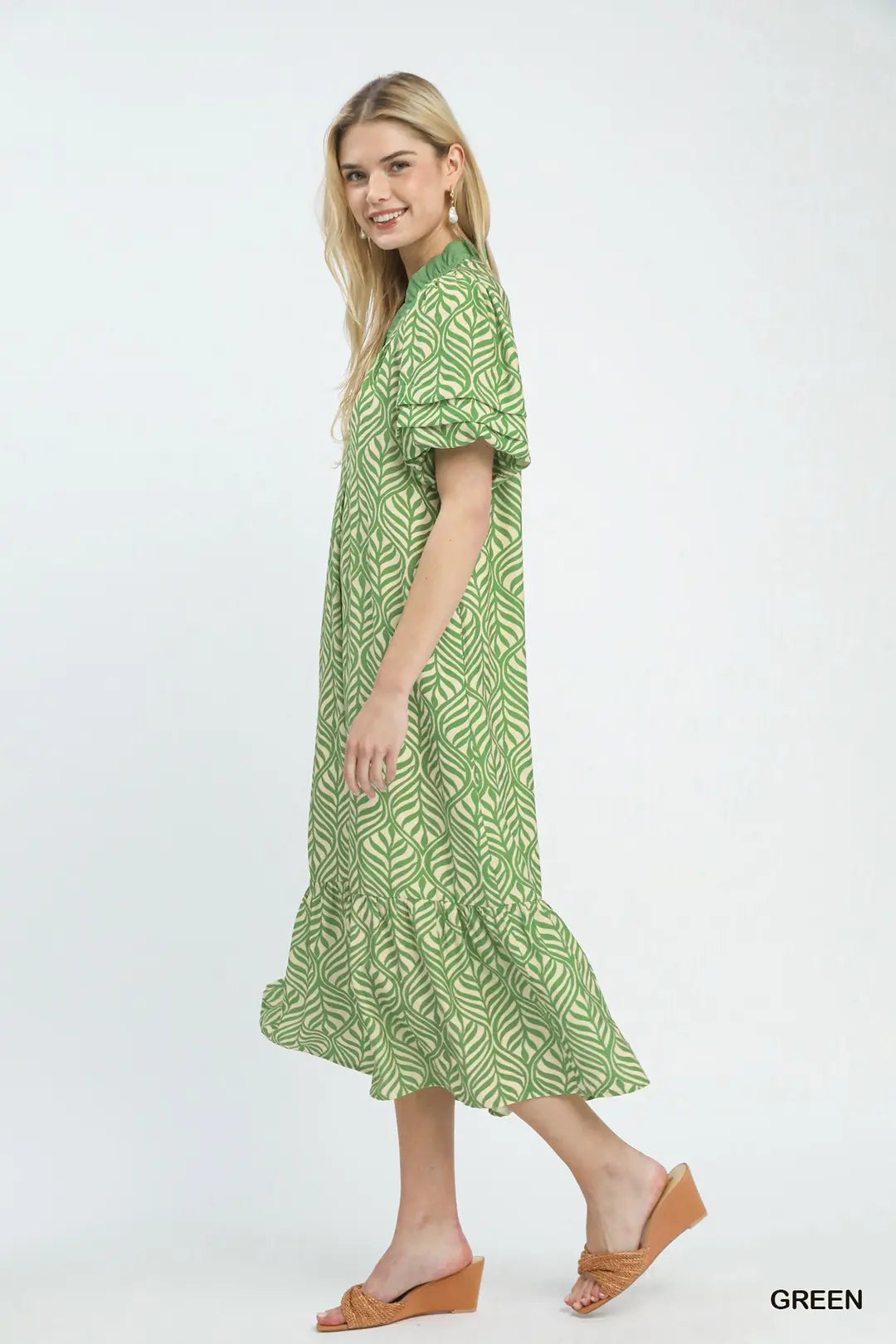 Leaf Print Ruffle Neck Maxi Dress