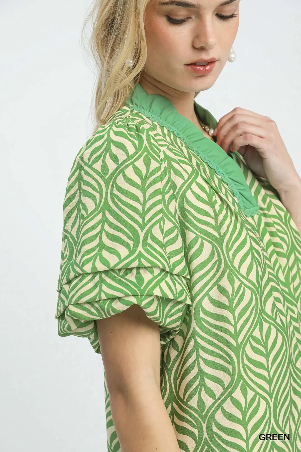 Leaf Print Ruffle Neck Maxi Dress