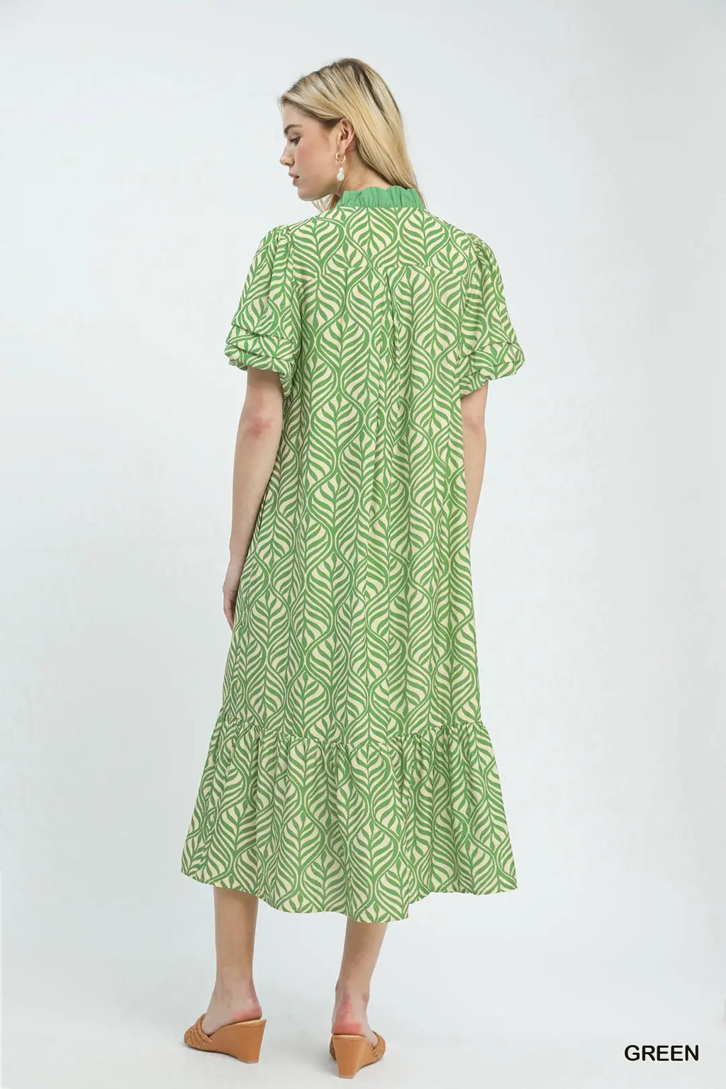 Leaf Print Ruffle Neck Maxi Dress