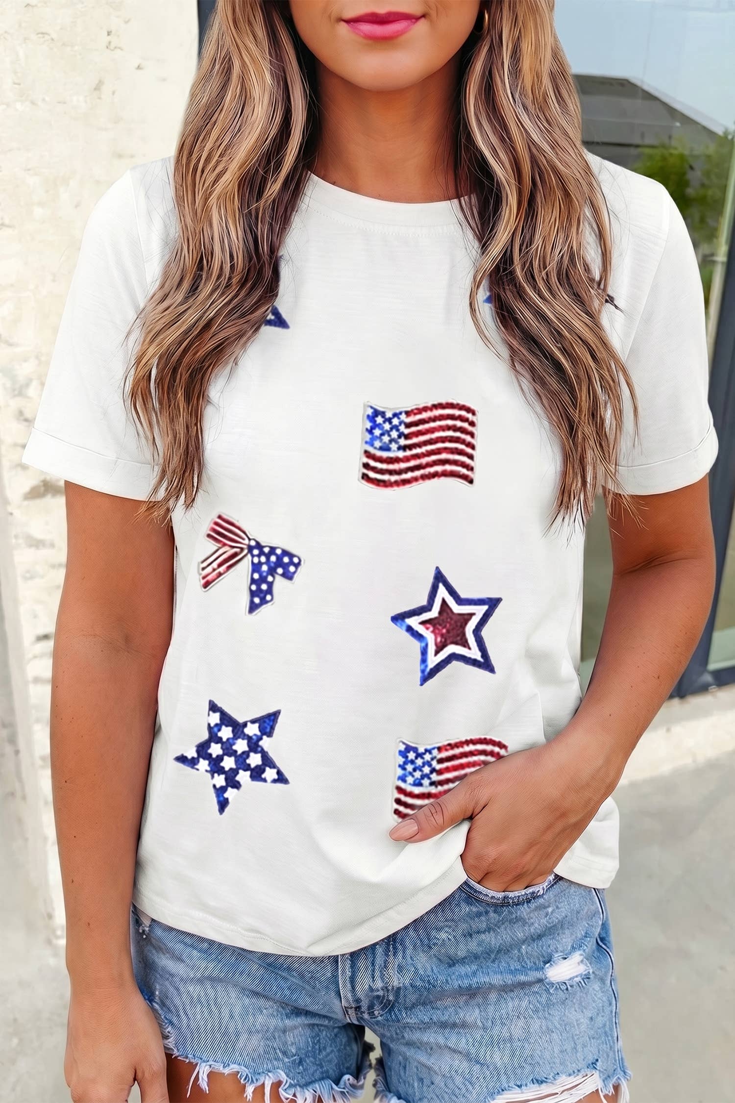 USA Flag Sequin Elements Patched Round Neck Tee | S-3X
