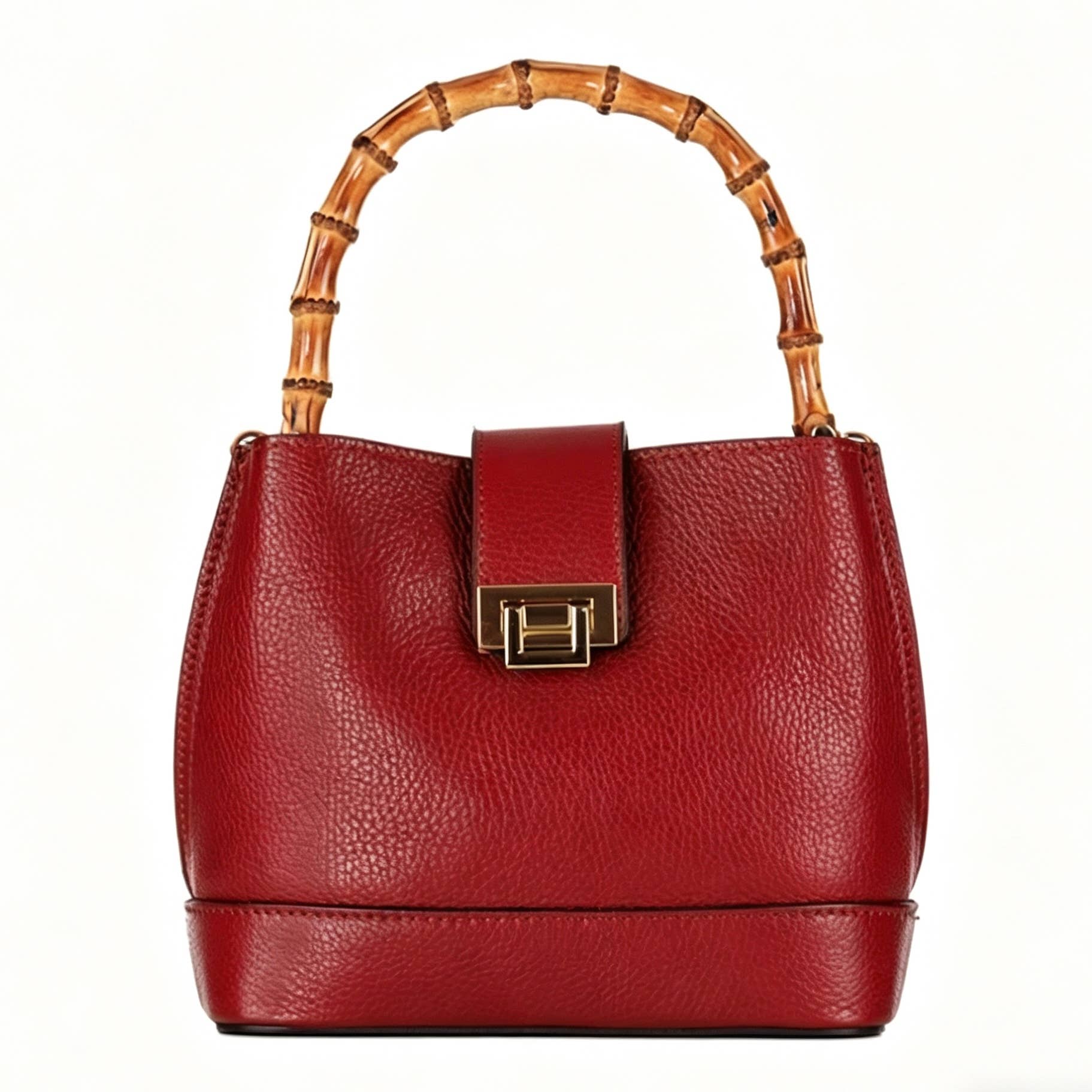 Leather Bucket Bag with Bamboo Handles and Shoulder Strap