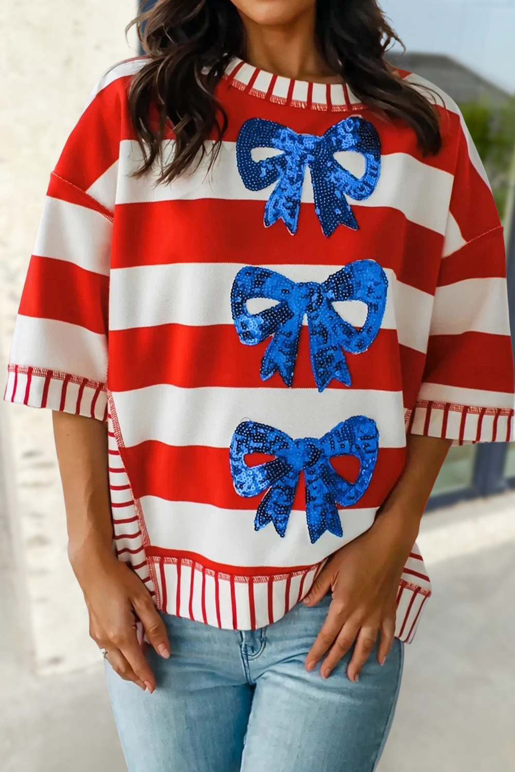 USA Stripe Sequin Bow Patriotic Half Sleeve Top | S-XL