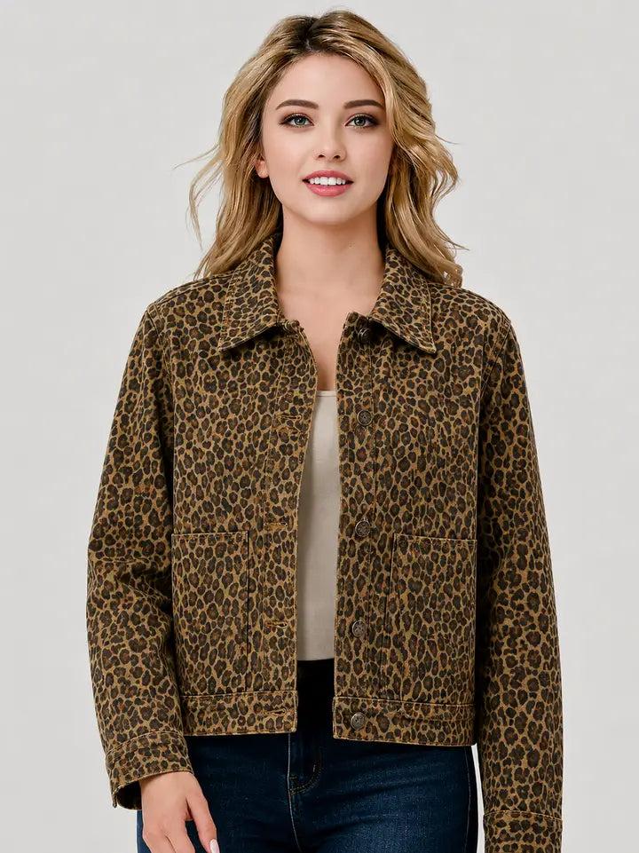 Leopard Print Soft Washed Denim Jacket